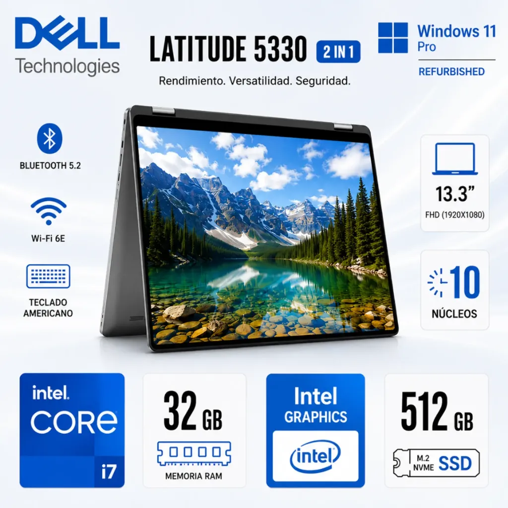 PORTATIL DELL LATITUDE 5330 INTEL I7 1265U 12ª RAM DDR4 32GB M.2 NVME 512GB 13.3" TACTIL X360 WINDS 11 PRO