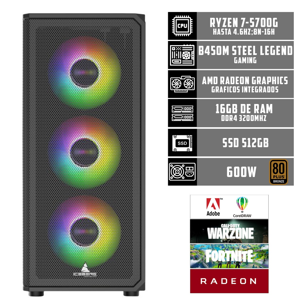 [ENS030] TORRE ICEBERG R7-5700G B450M STEEL SSD 512 600W 80 PLUS 16GB RAM
