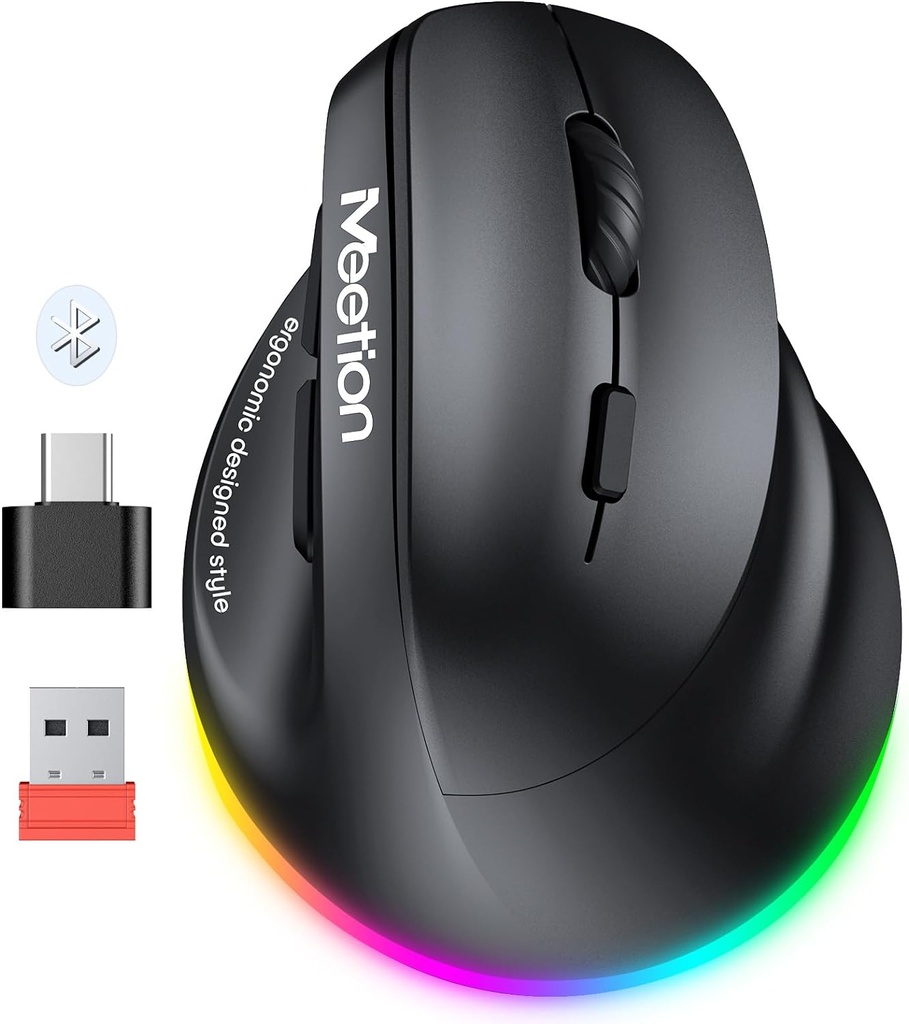 MOUSE vertical inalámbrico con retroiluminación RGB recargable para Bluetooth (5.2 + 3.0) y USB-A con adaptador USB-C