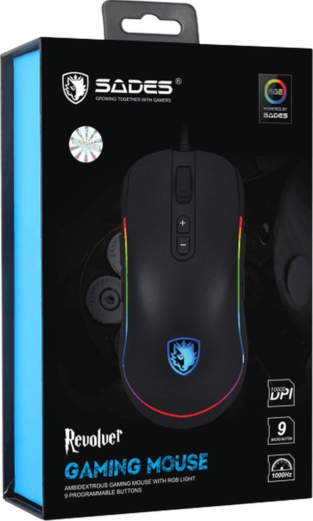 [SADES9] Mouse SADES REVOLVER, RGB con cable / 9 botones programables, 6 niveles ajustables DPI, sensor óptico ergonómico