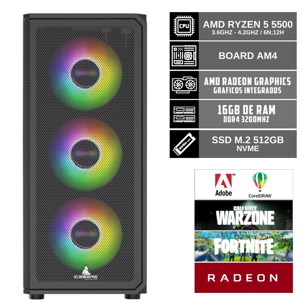 [ENS037] PC ICEBERG NEGRO RYZEN 5 5500 16GB RAM 512GB SSD M.2 NVME