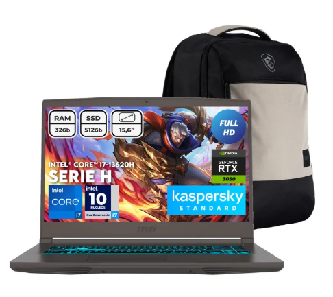 [A13620] PORTATIL MSI INTEL CORE I7 13620H / RAM 24GB / SSD 512GB / RTX 3050 4GB DDR6 / 15 PULG FHD IPS 144HZ / LICENCIA KASPERSKY+MORRAL