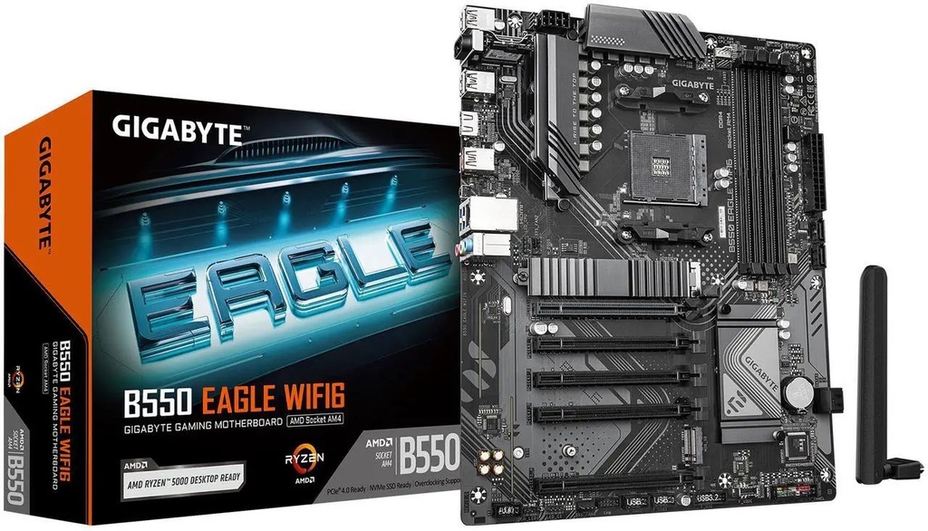 BOARD GIGABYTE B550 Eagle WIFI6, compatible con procesadores AMD AM4 Ryzen 5000, ATX, DDR4, 2X M.2, PCIe 4.0, WIFI6, LAN